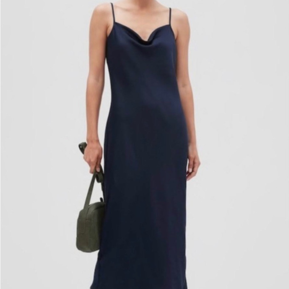EUC navy midi satin slip dress